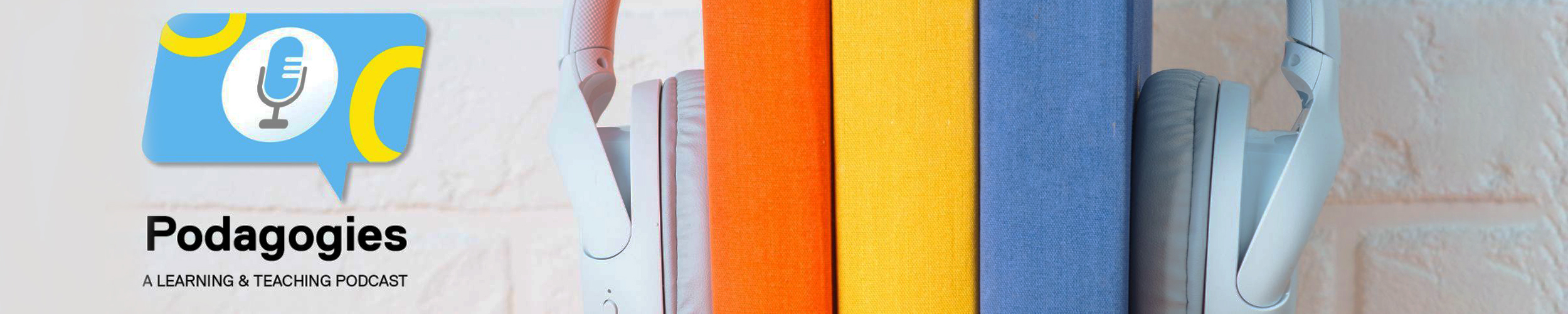 Podagogies logo, headphones on top of a stack of books