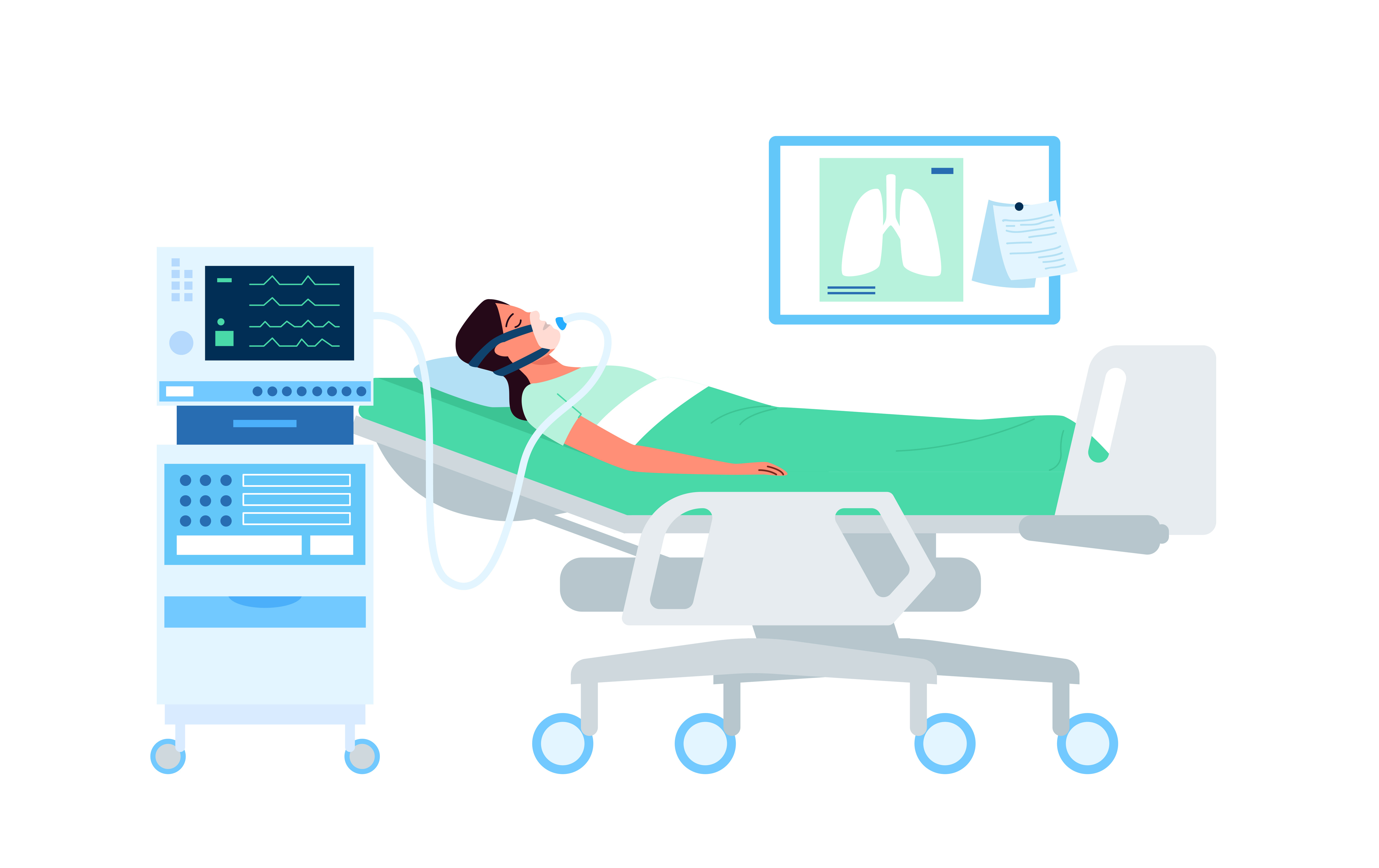 Hospital room scene with a patient in bed being attended by a doctor.