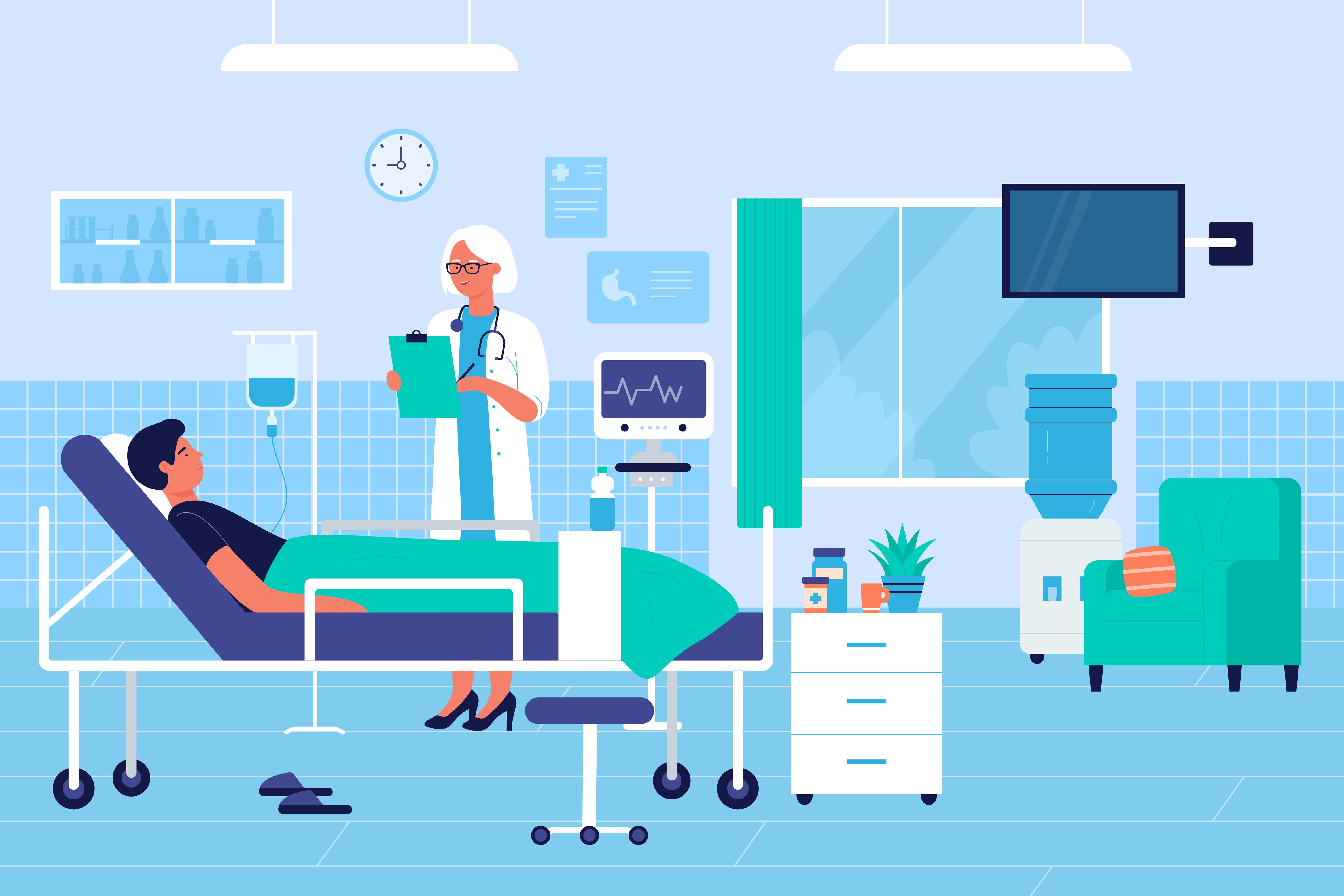 Hospital room scene with a patient in bed being attended by a doctor.