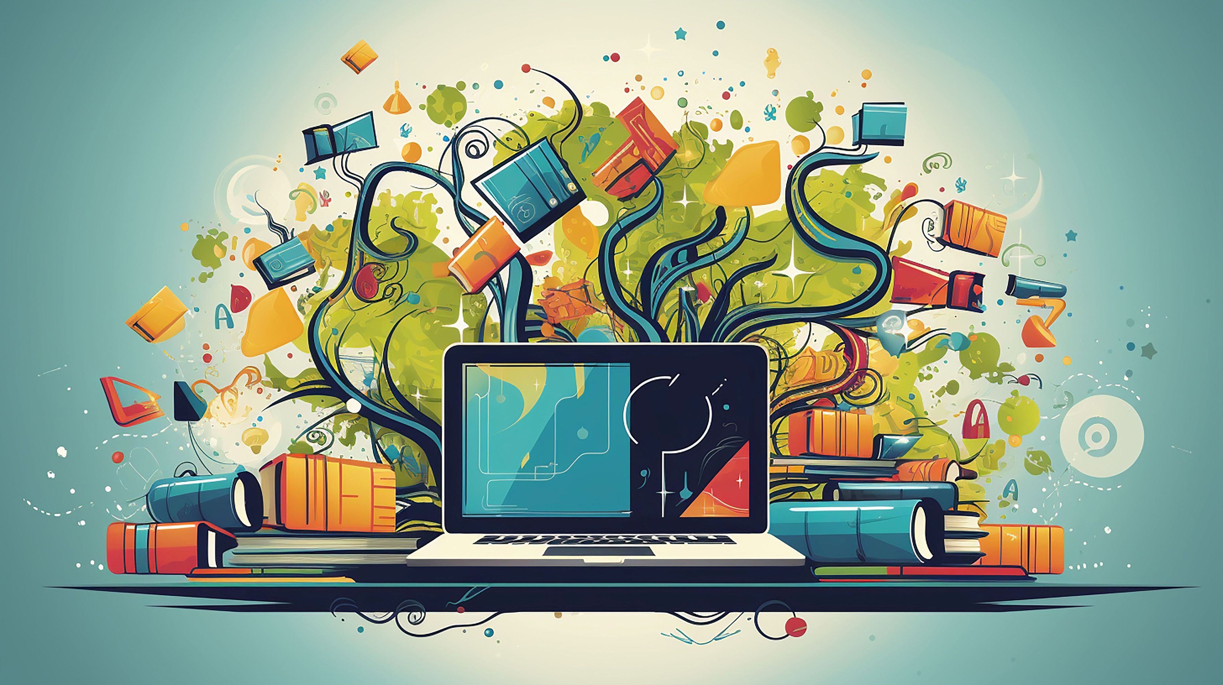 An artistic depiction of a laptop with books and other objects around it, conveying a theme of learning, productivity and digital literacy