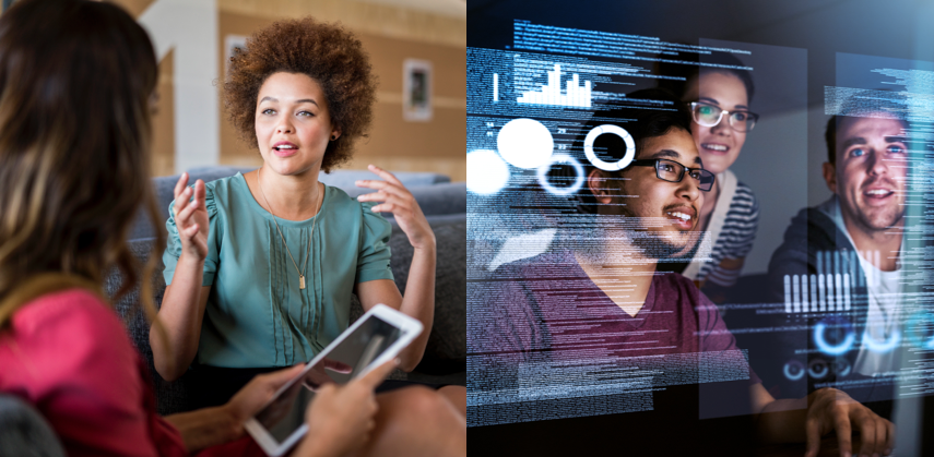 A banner of two women brainstorming and a group of young adults looking at monitor screens with analytical information